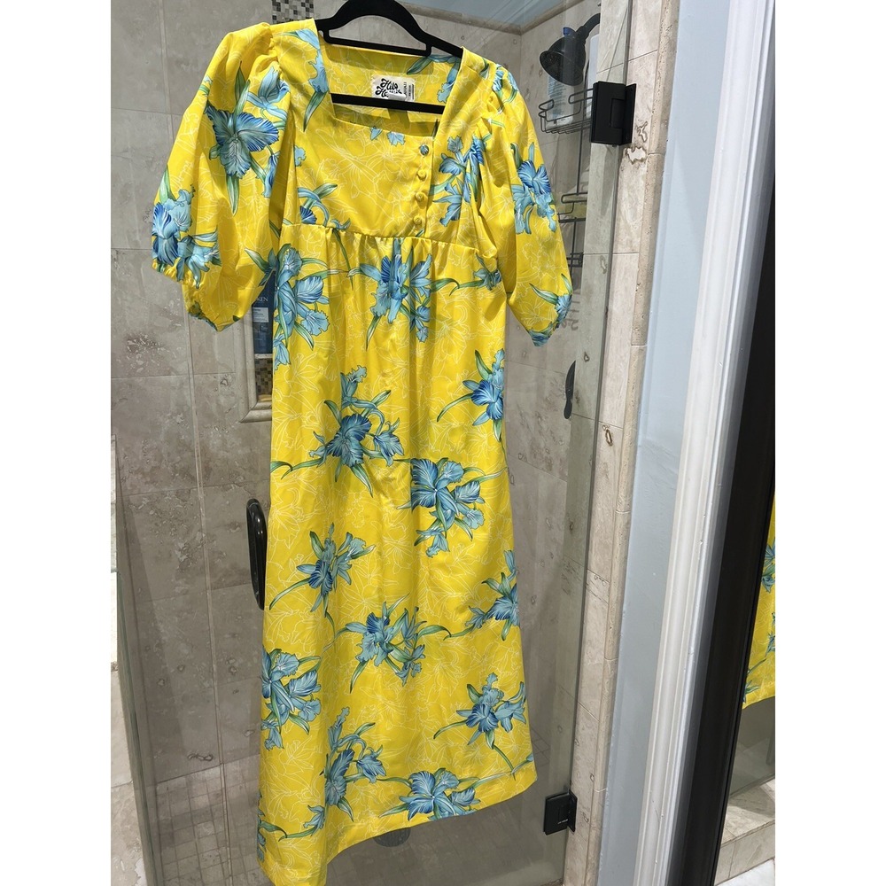 Vintage Hilo Hattie Hawaiian Maxi Dress Puff Sleeve Yellow Floral Prairie M